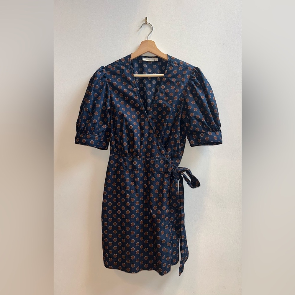 Happy X Nature by Kate Hudson Brown Polka Dot Navy Puff Sleeve Wrap Around Dress